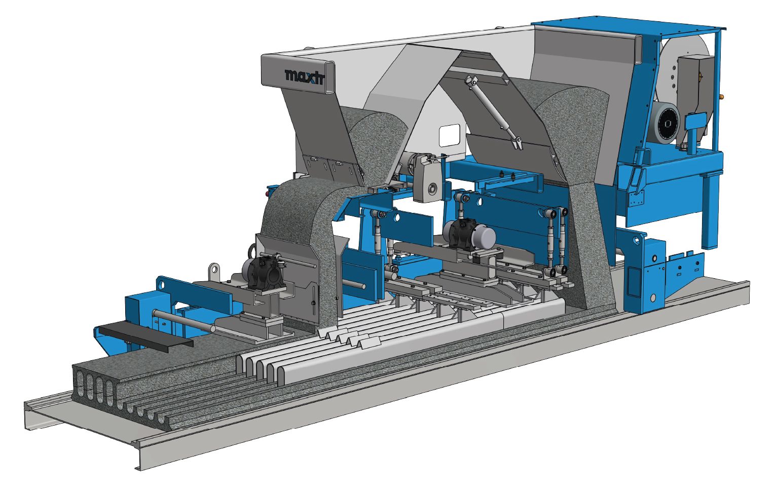 Slipformer of the type maxcaster by MAX-truder, used for the production of precast concrete elements using the extrusion method.