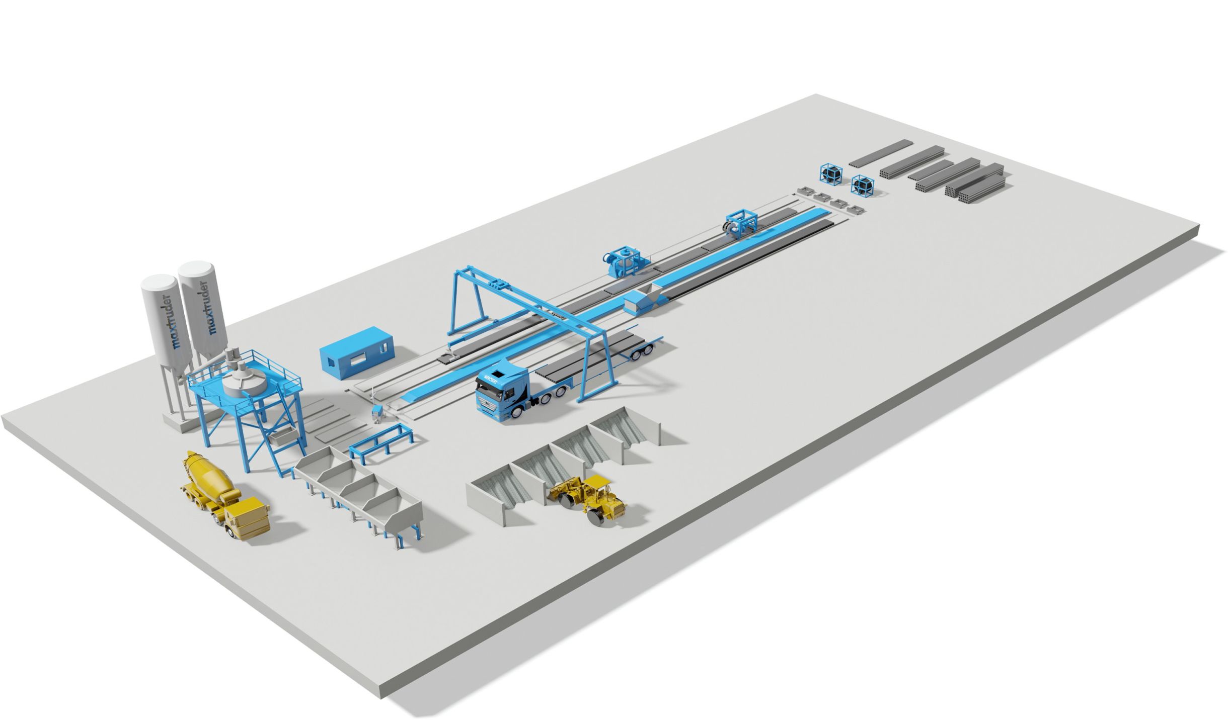 Graphical representation of a mobile plant for the production of precast concrete elements - MAX-truder GmbH