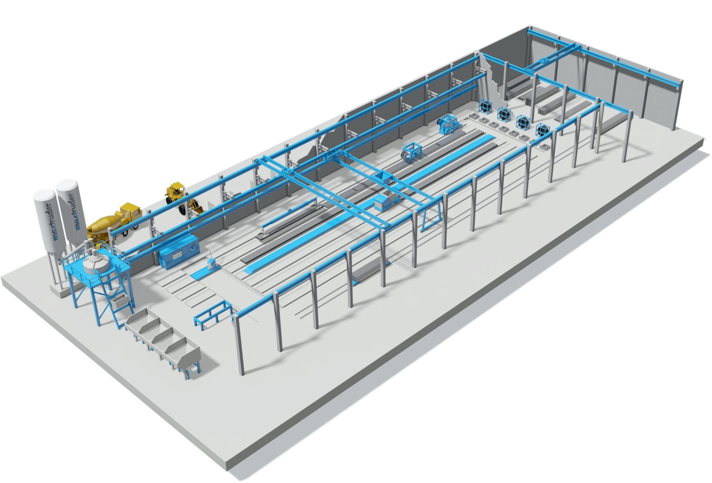 3D model of a stationary precast concrete plant with production lines, machinery, and conveyor systems.
